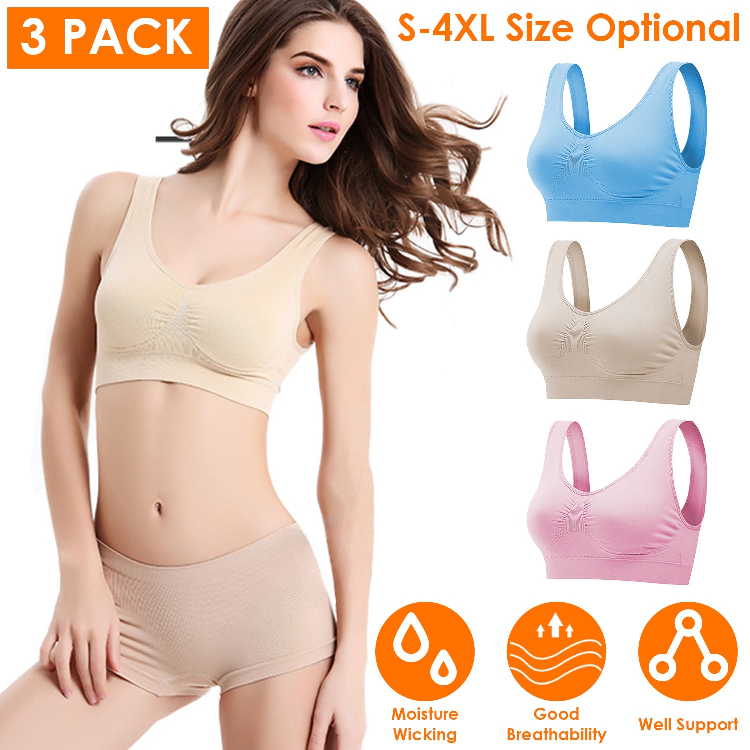 3 Pack Sport Bras For Women Seamless Wire-free Bra Light Support Tank Tops For