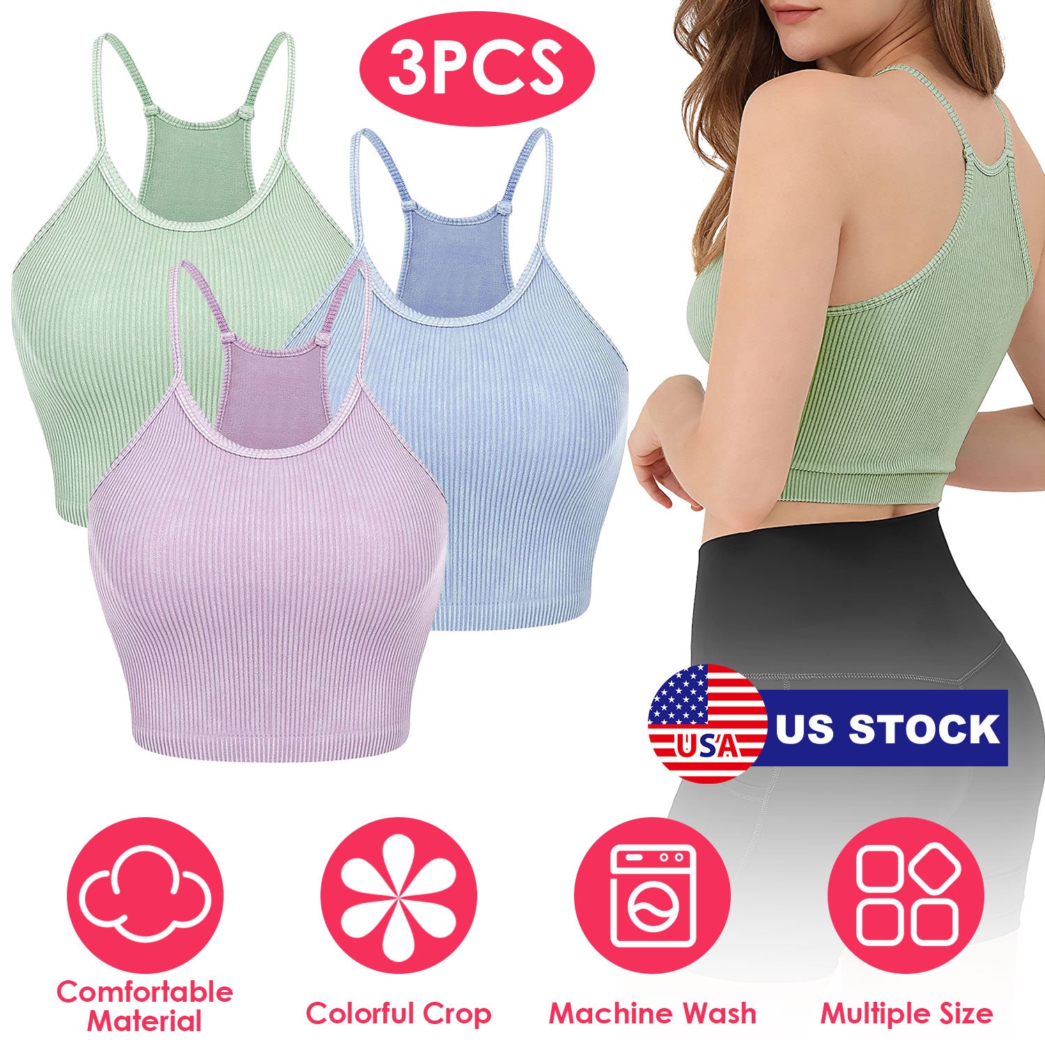 3 Pack Women Crop Basic Tank Top Ribbed Knit Sleeveless Round Neck 9 Color