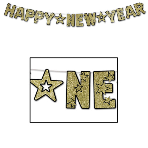 Beistle Black and Gold Glittered Happy New Year Streamer - New Years | Party