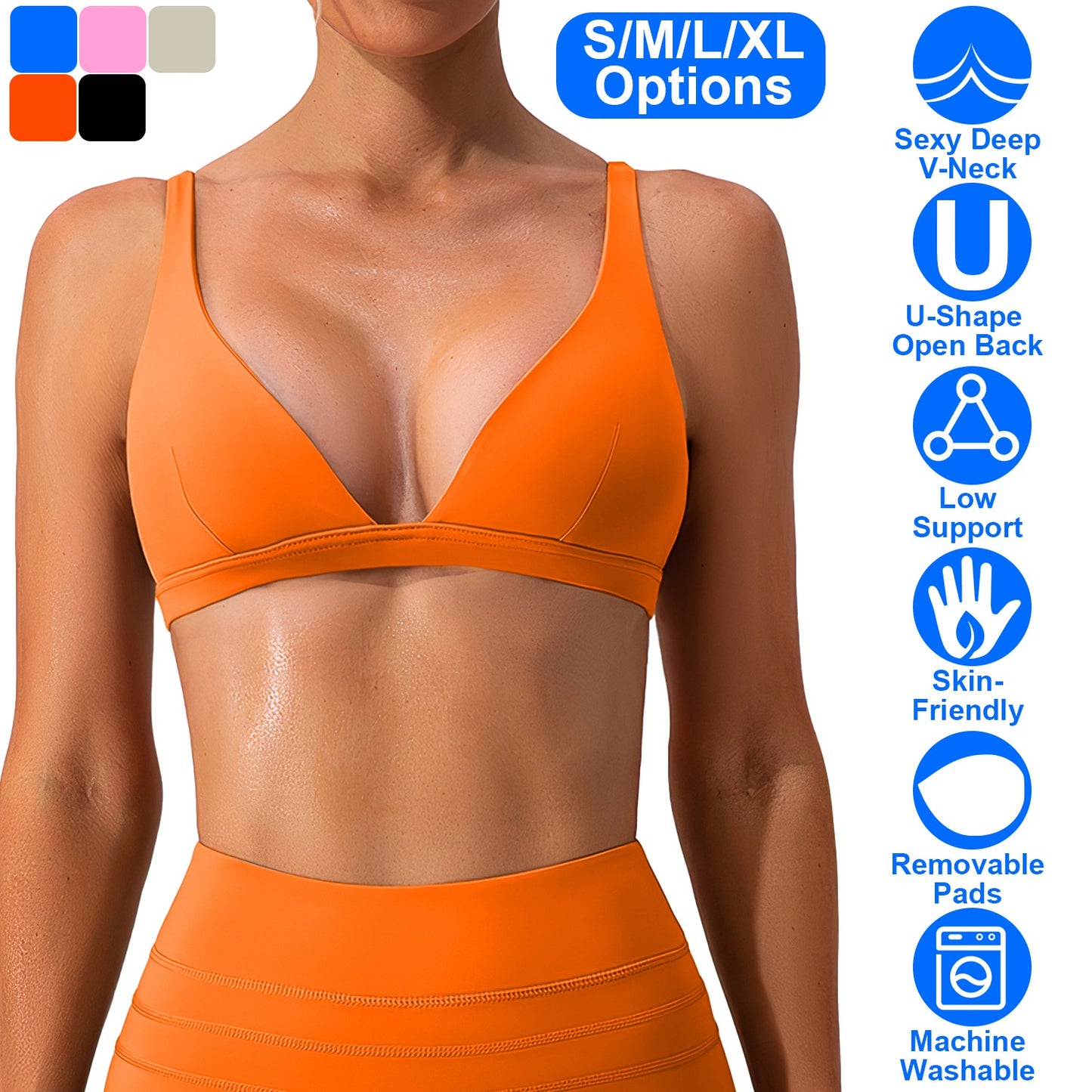Women Deep V-Neck Sports Bras U-Shaped Back Sport Bras Padded Strappy Crop Open