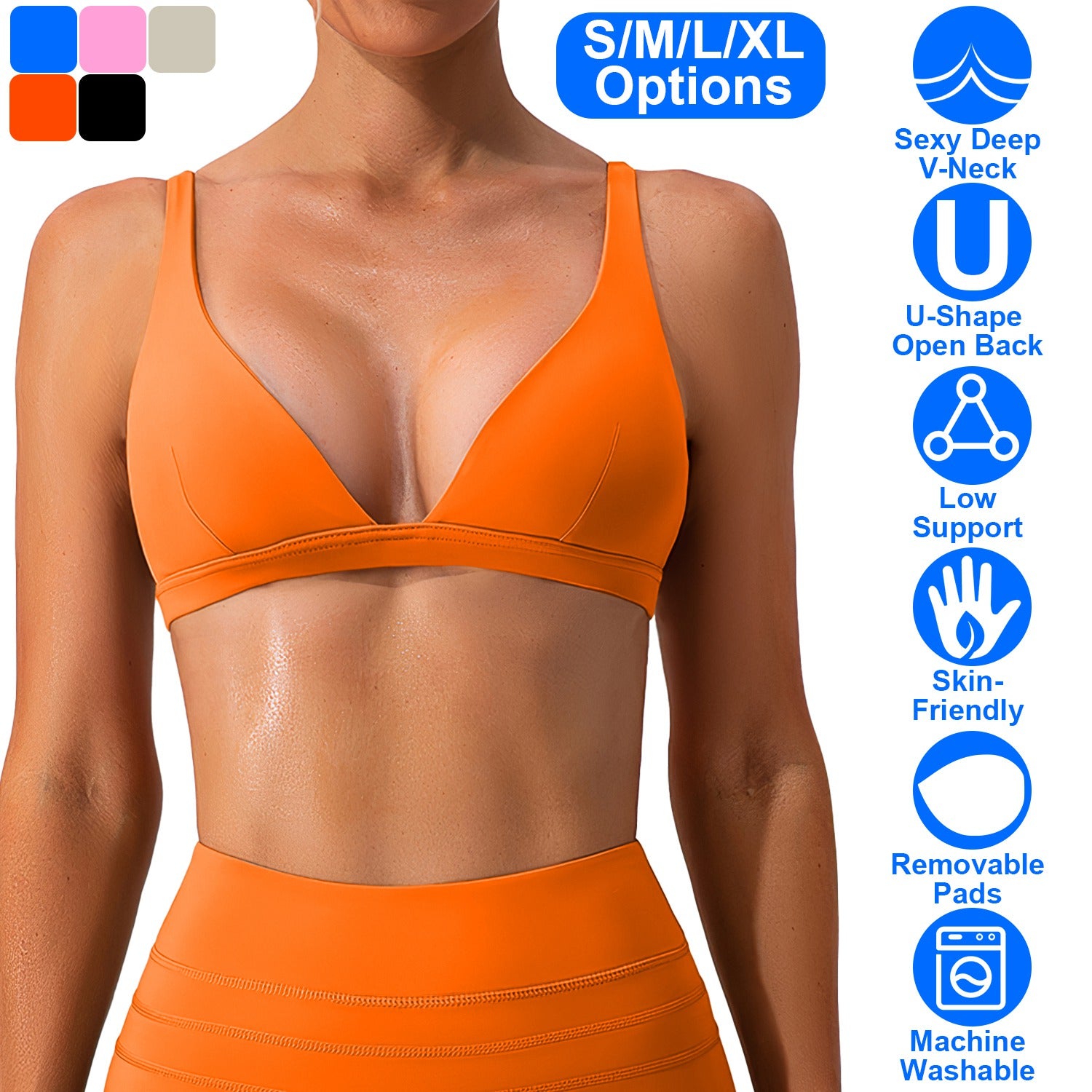 Women Deep V-Neck Sports Bras U-Shaped Back Sport Bras Padded Strappy Crop Open