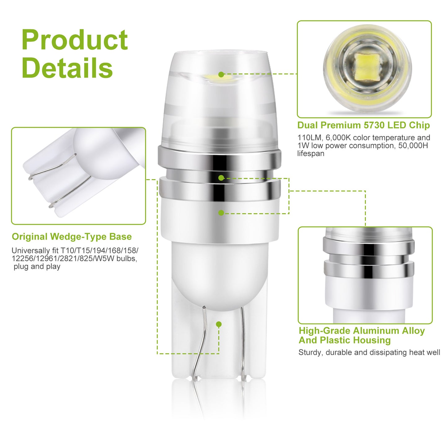 10PCS T10 LED Bulbs 194 LED Lights 12V 1W 5730 Xenon White Wedge Base LED