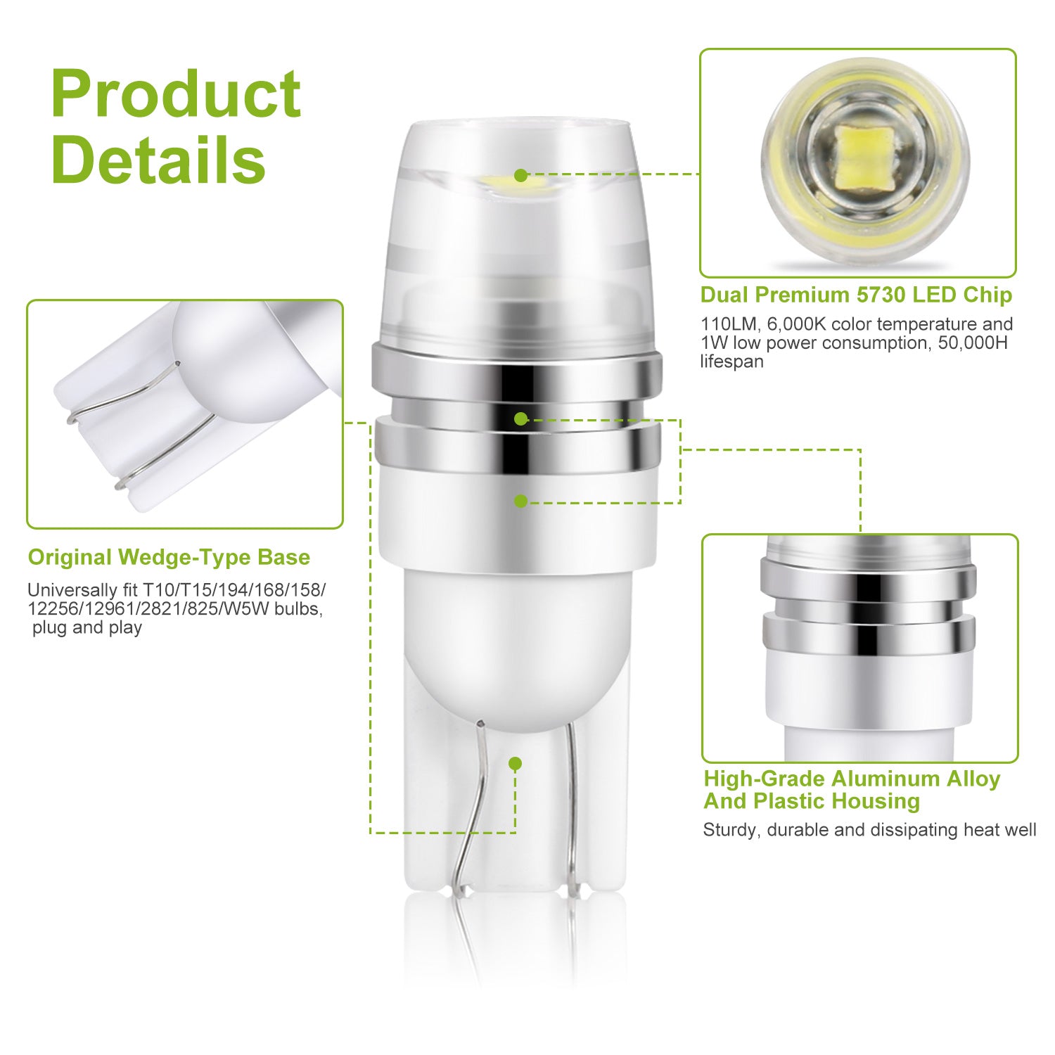 10PCS T10 LED Bulbs 194 LED Lights 12V 1W 5730 Xenon White Wedge Base LED