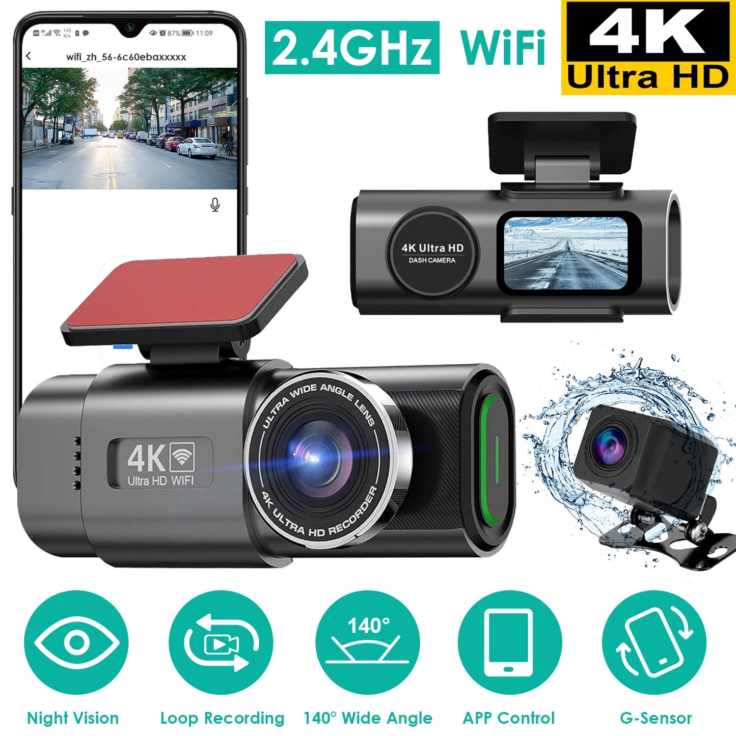 4K/1080P Dual Chanel Car Dash Cam 2.4GHz WiFi Car Camera Mini Driving Recorder