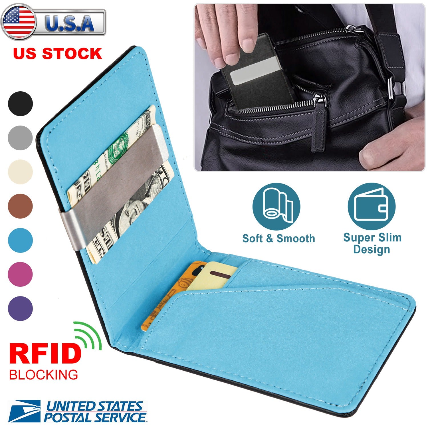 Unisex PU Leather Wallet RFID Blocking Slim Bifold Credit Card Holder with