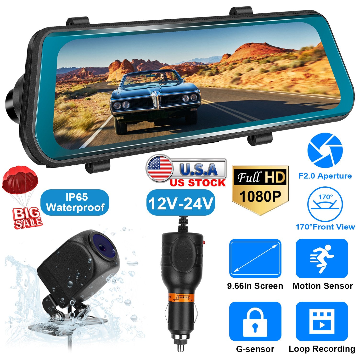 FHD 1080P Car DVR Dash Camera 9.66In Vehicle Driving Recorder w/ G Sensor