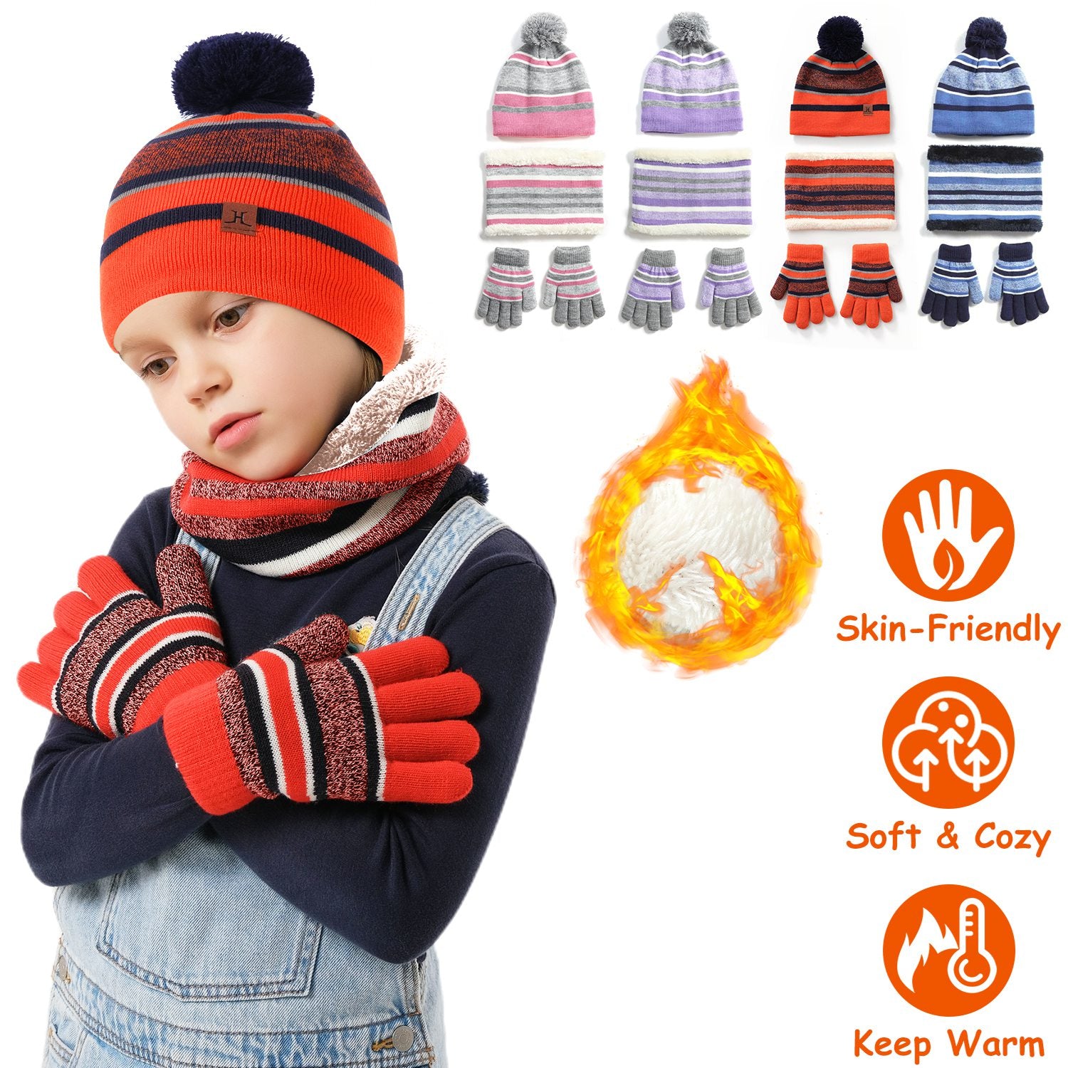 Winter Kids Knitted Hat Scarf Gloves 3Pcs Boys Girls Winter Warm Beanie Hat and