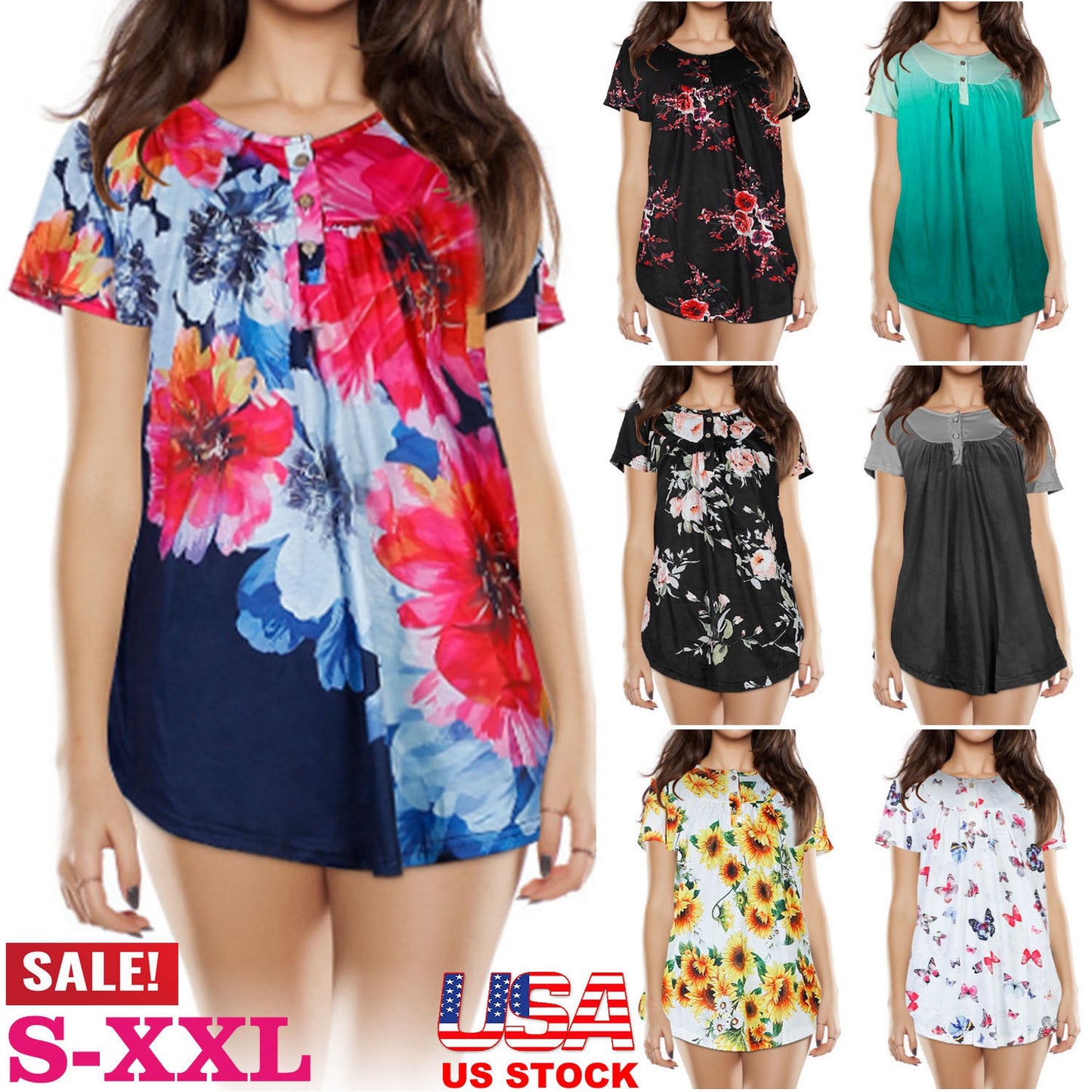Women Summer Shirts Tops Loose Short Sleeve T Shirts Casual Floral Printed
