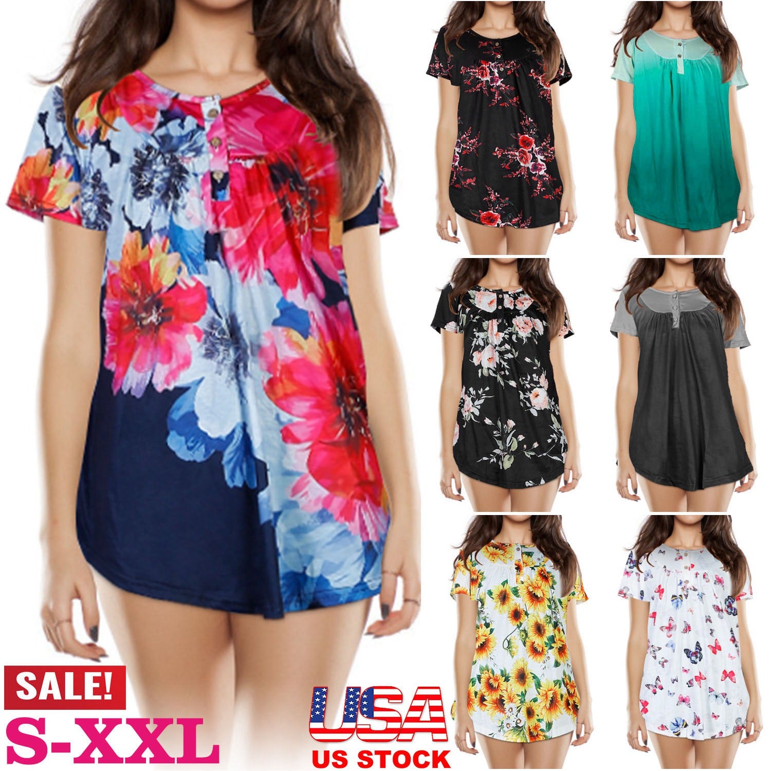 Women Summer Shirts Tops Loose Short Sleeve T Shirts Casual Floral Printed