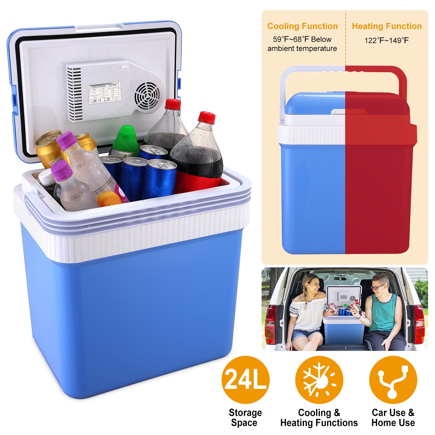 24L Portable Car Cooler 12V Car Refrigerator Travel Cooling Warmer Fridge Box