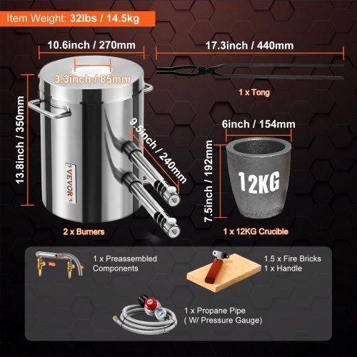 Propane Melting Furnace Kit 12KG Large Capacity Foundry Home Kilns Stainless