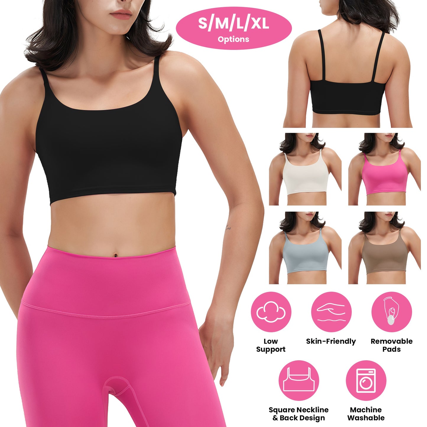 Women Strap Sport Bras Padded Strappy Crop Square Neck Low Impact Bras Sexy