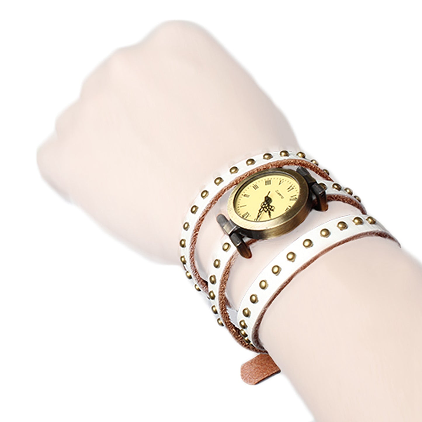 Fashionable Rivet Leather Belt Retro Watch Hand Chain-white Apparel & Jewelry