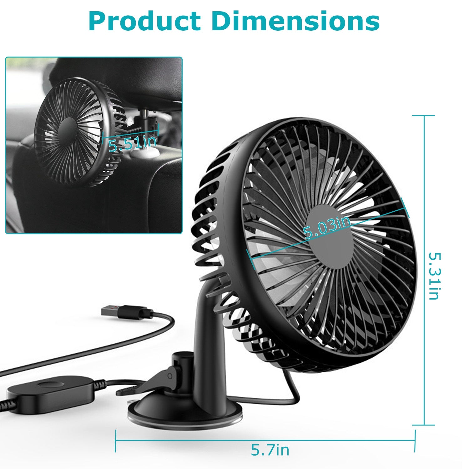 Car Cooling Fan Portable Rotatable USB Vehicle Fan Backseat Clip Fan Dashboard