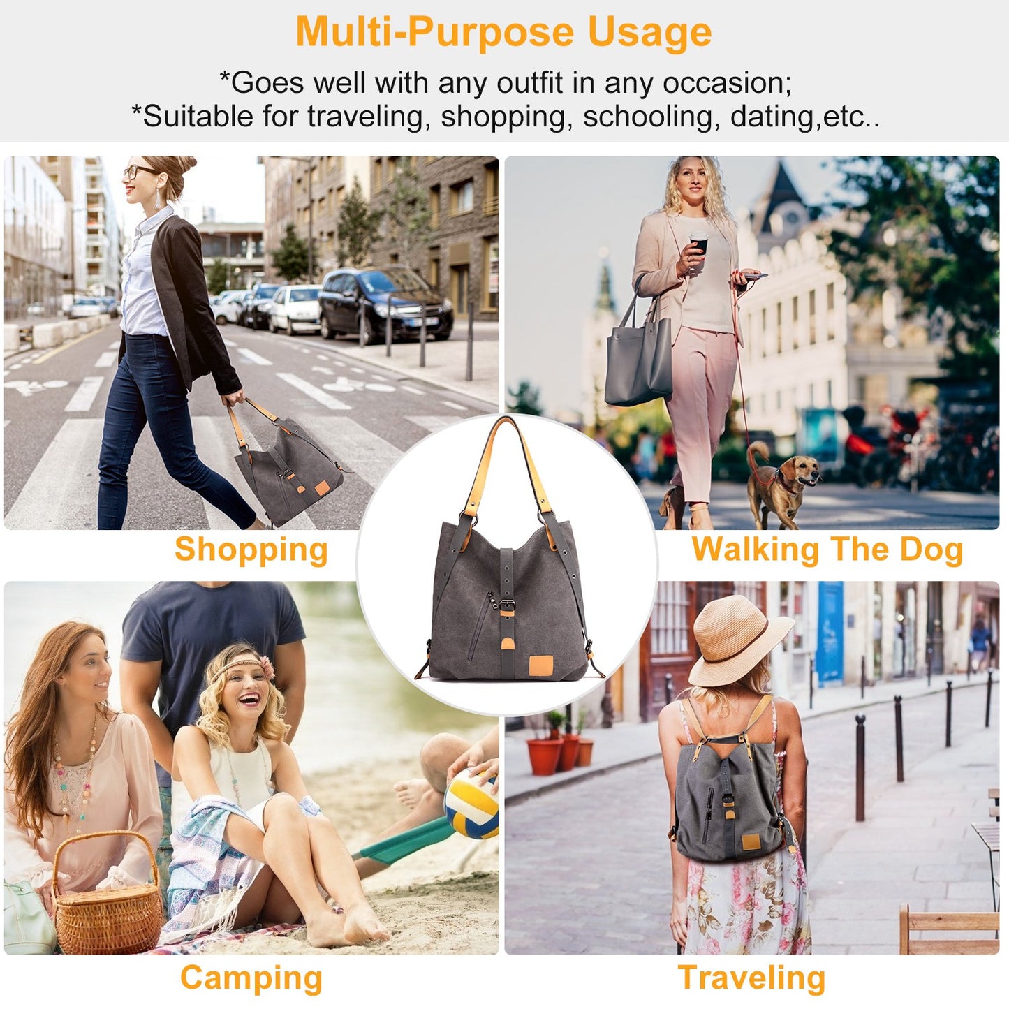 Ladies Canvas Tote Bag Multifunctional Purse Handbag Adjustable Shoulder