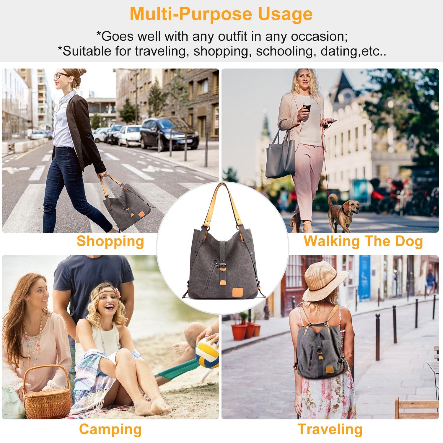 Ladies Canvas Tote Bag Multifunctional Purse Handbag Adjustable Shoulder