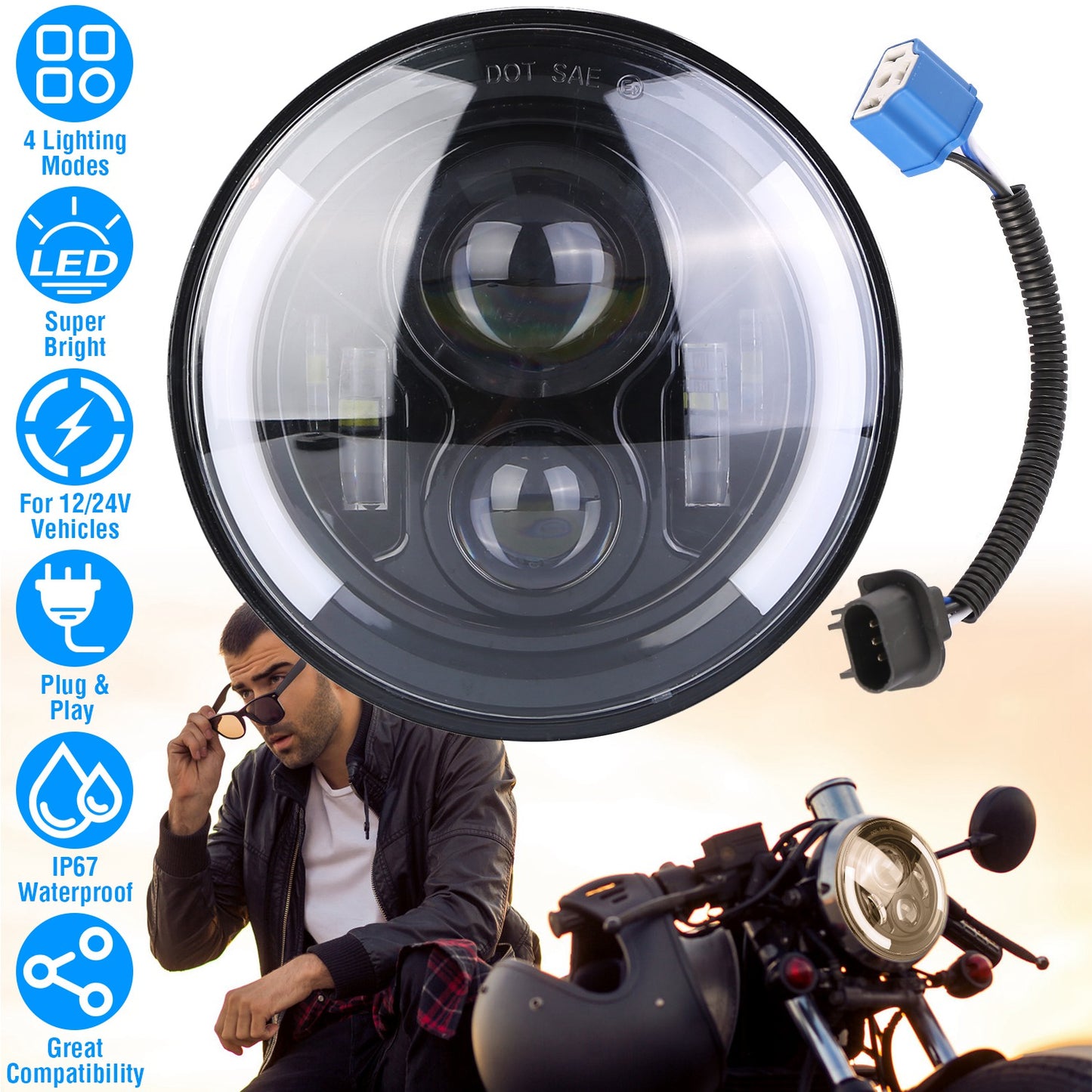 7In 40W Round LED Headlight 3800LM Halo Car Headlamp with DRL Turn Light High
