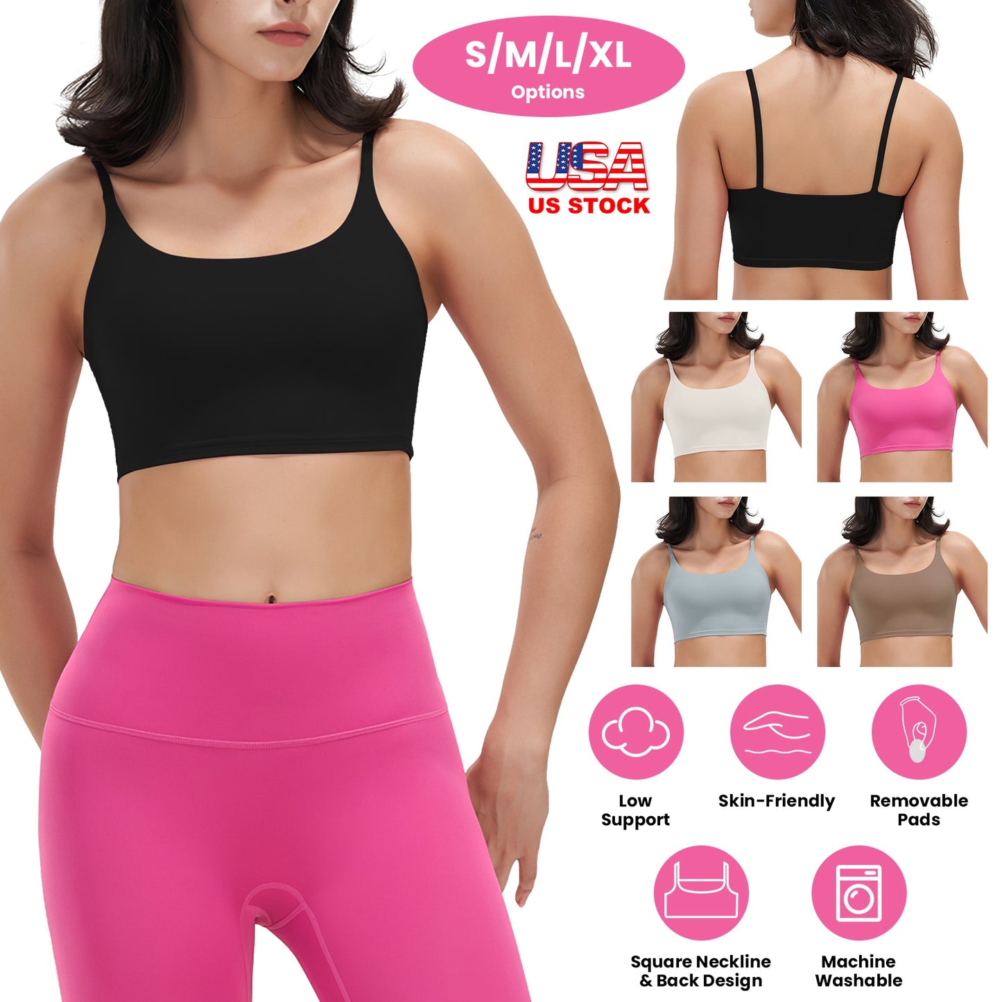 Women Strap Sport Bras Padded Strappy Crop Square Neck Low Impact Bras Sexy