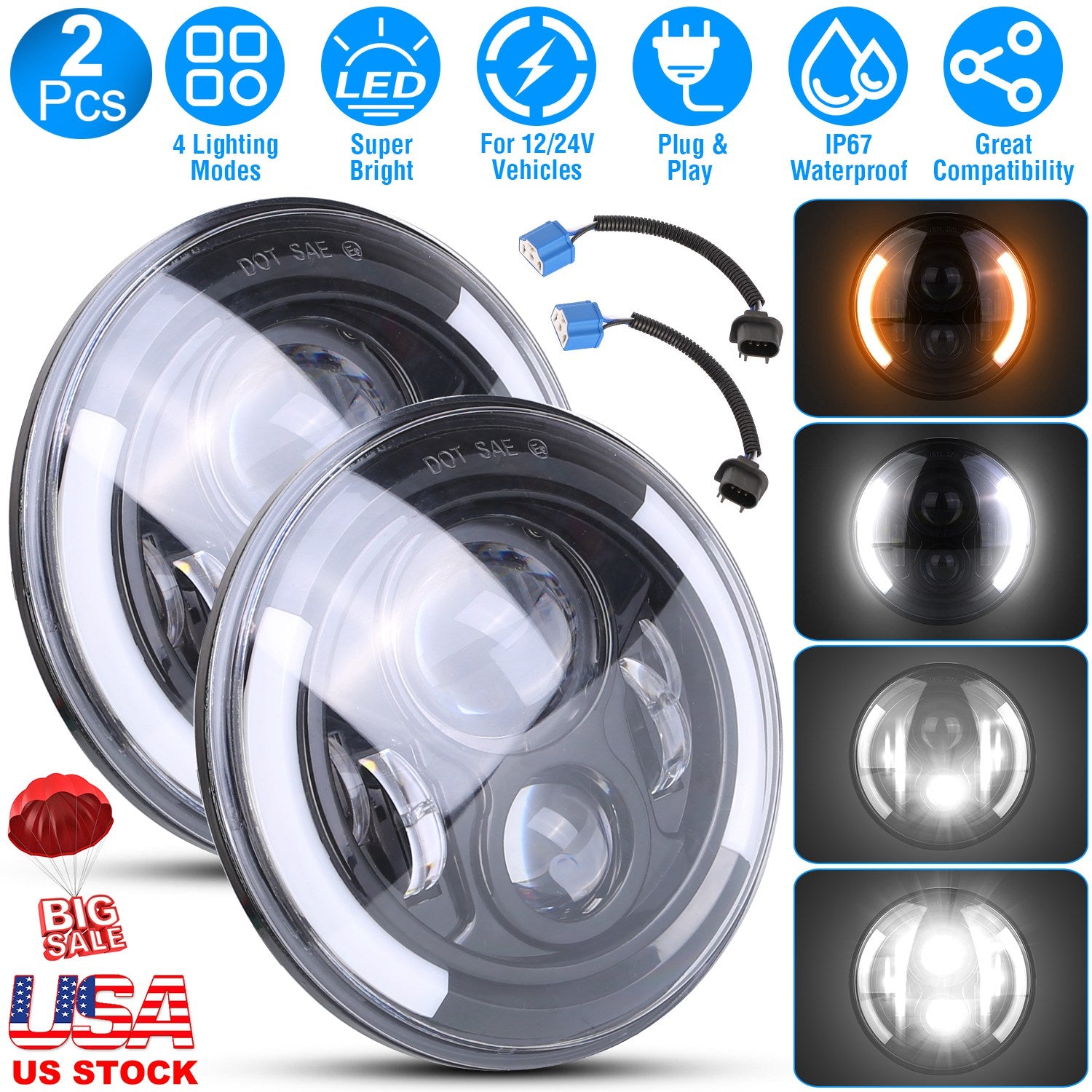 2Pcs 7In 40W Round LED Headlights 3800LM Halo Car Headlamp with DRL Turn Light