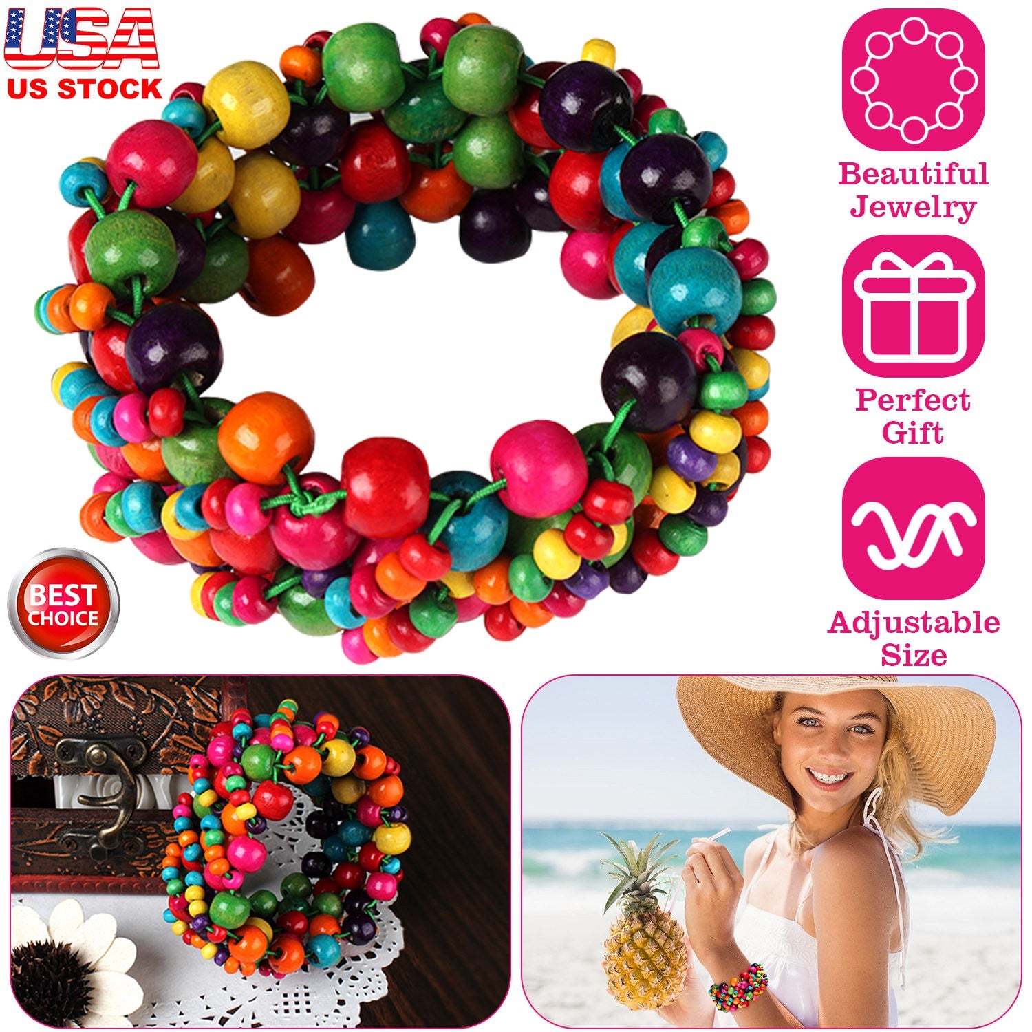 Multi-Color Wooden Beaded Stretchy Bracelet Colorful Exotic Style Elastic
