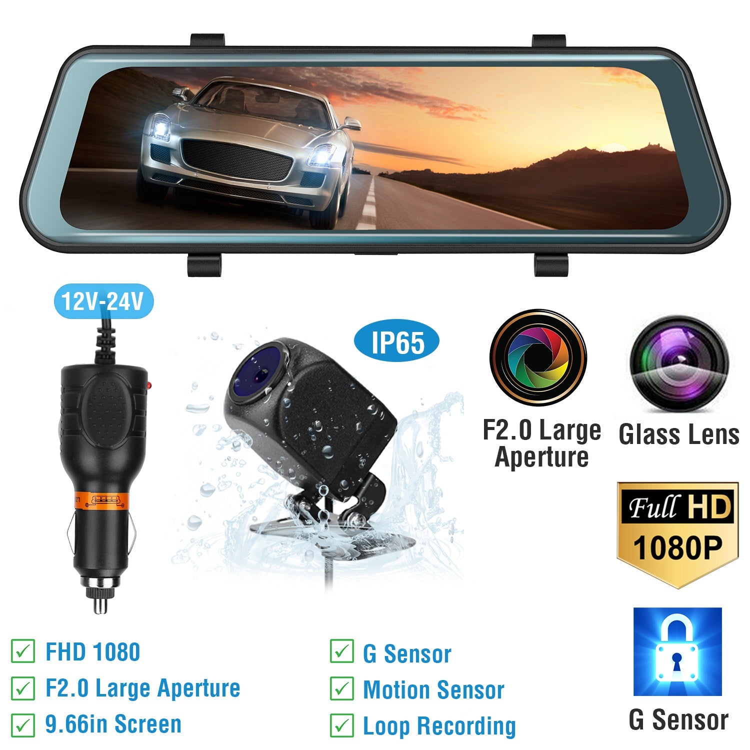 FHD 1080P Car DVR Dash Camera 9.66In Vehicle Driving Recorder w/ G Sensor