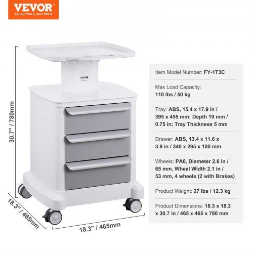 4 Tiers Lab Carts Mobile Medical Cart with 3 Drawers & 1 Top Tray White Troll