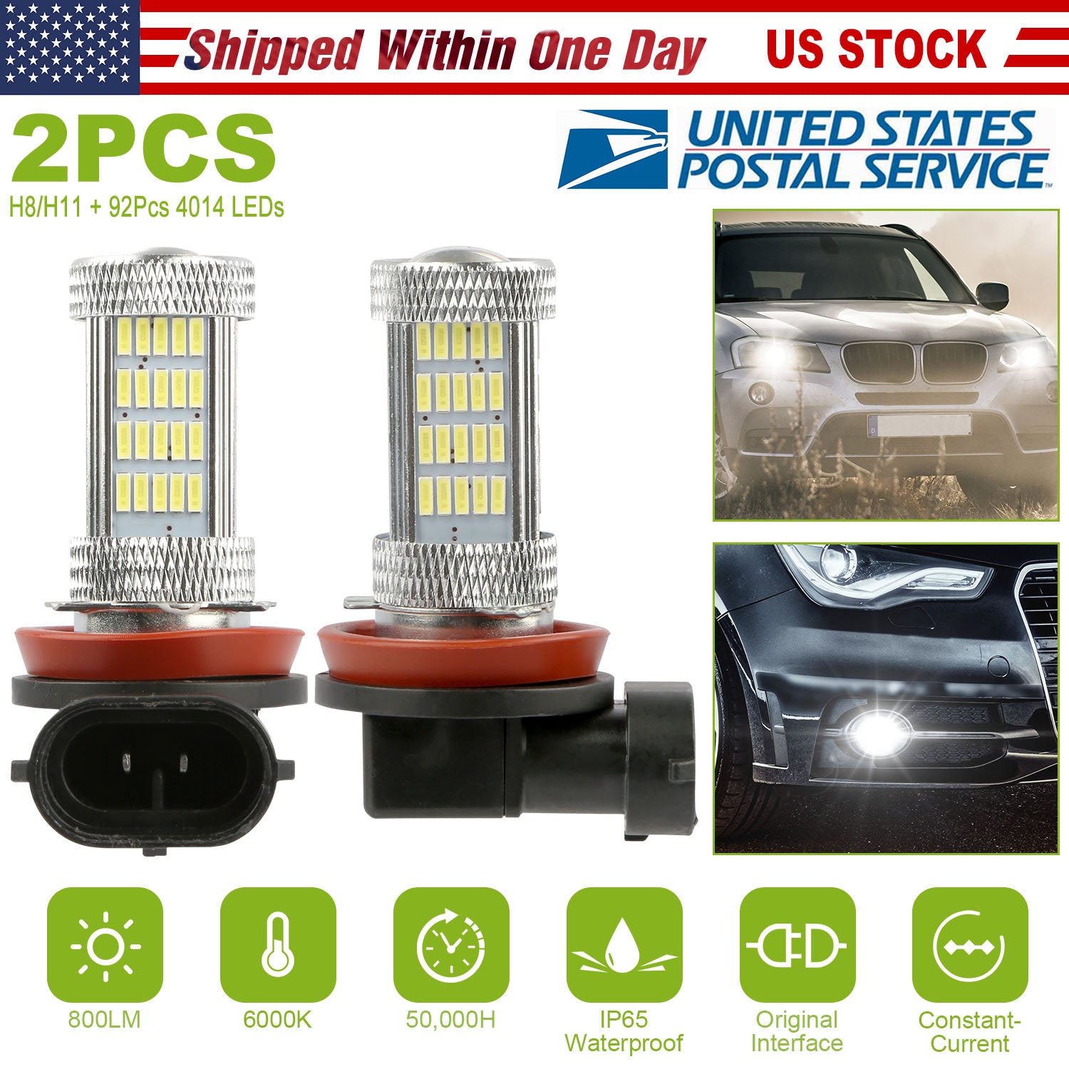 2PCS 800lm H8/H9/ H11 LED Fog DRL Light Bulb IP65 Water-Resistant 360° Beam
