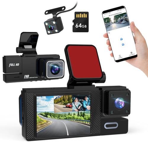 WiFi FHD 1080P Car Dash Cam 3 Channels Front Rear Inside Dash Camera with Loop