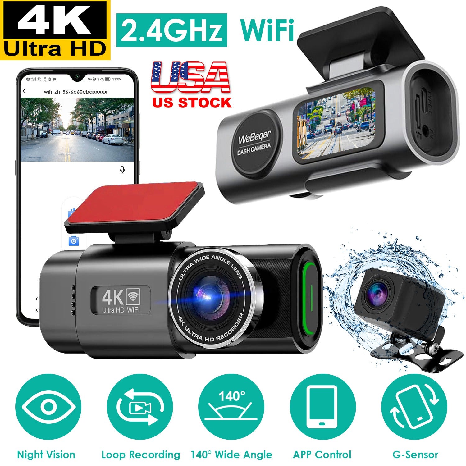 4K/1080P Dual Chanel Car Dash Cam 2.4GHz WiFi Car Camera Mini Driving Recorder
