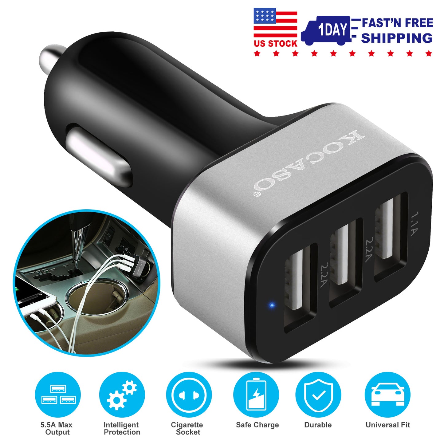 USB Car Charger 30W 5.5A 3 USB Port Cigarette Lighter Charger Adapter For