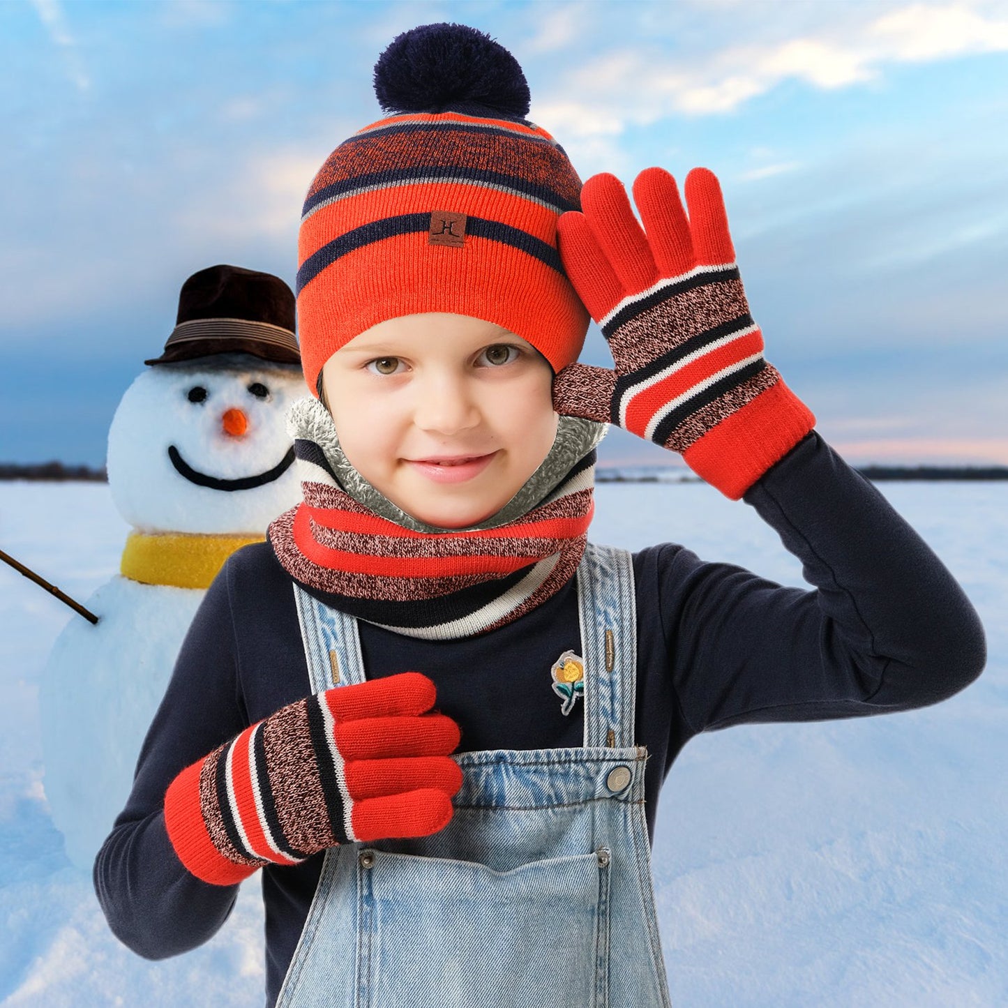 Winter Kids Knitted Hat Scarf Gloves 3Pcs Boys Girls Winter Warm Beanie Hat and