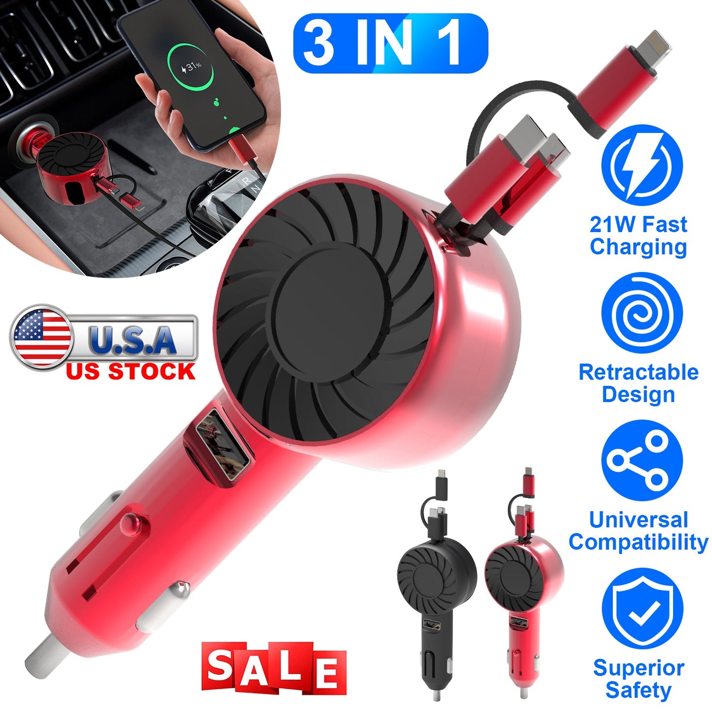 21W 3 In 1 Retractable Car Charger Fast Car Charger Mini Car Phone Charger with