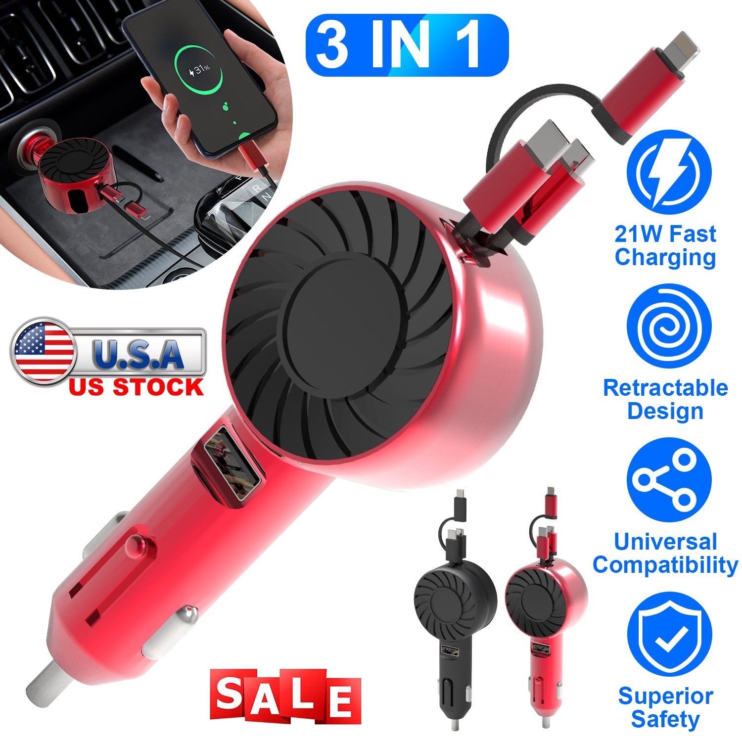21W 3 In 1 Retractable Car Charger Fast Car Charger Mini Car Phone Charger with