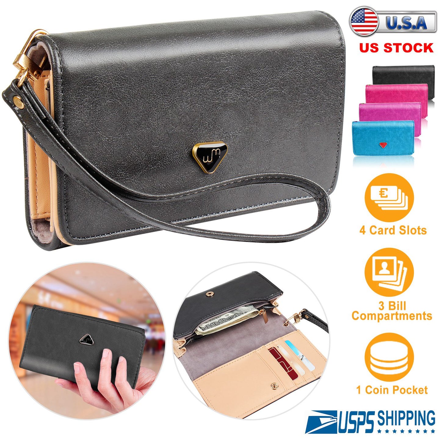 Women Wristlet Wallet PU Leather Lady Purse Credit Card Holder 4 Card Slots 3