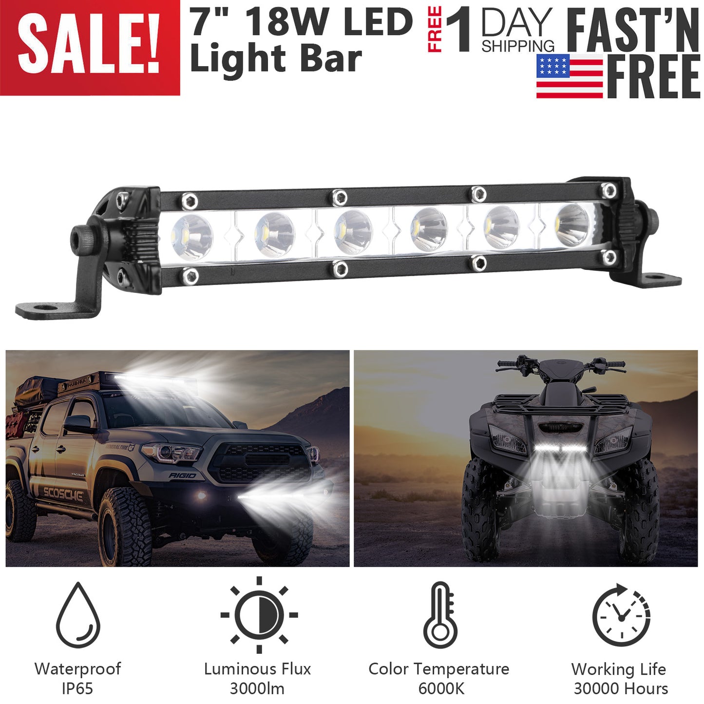 7" LED Light Bar Single Row Offroad Spot Lights 18W Ultra Slim Straight Work