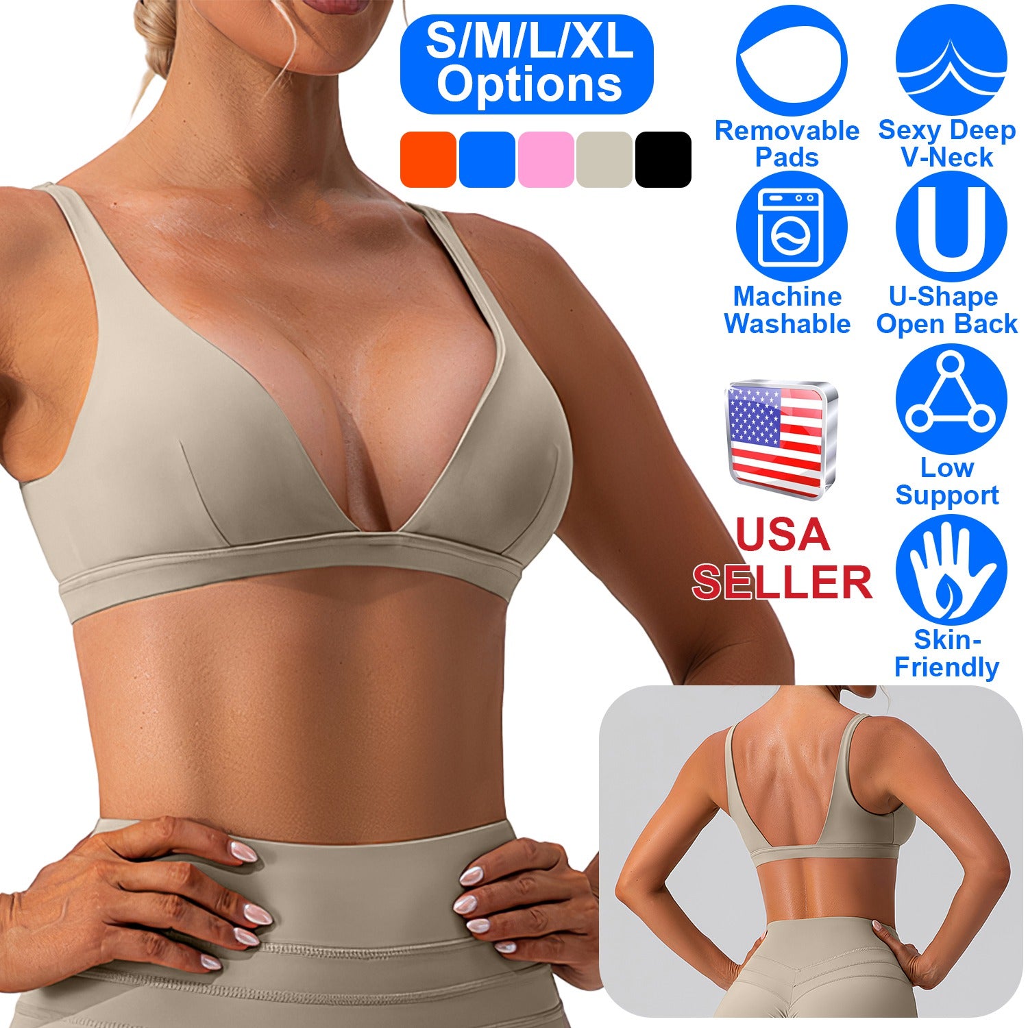 Women Deep V-Neck Sports Bras U-Shaped Back Sport Bras Padded Strappy Crop Open