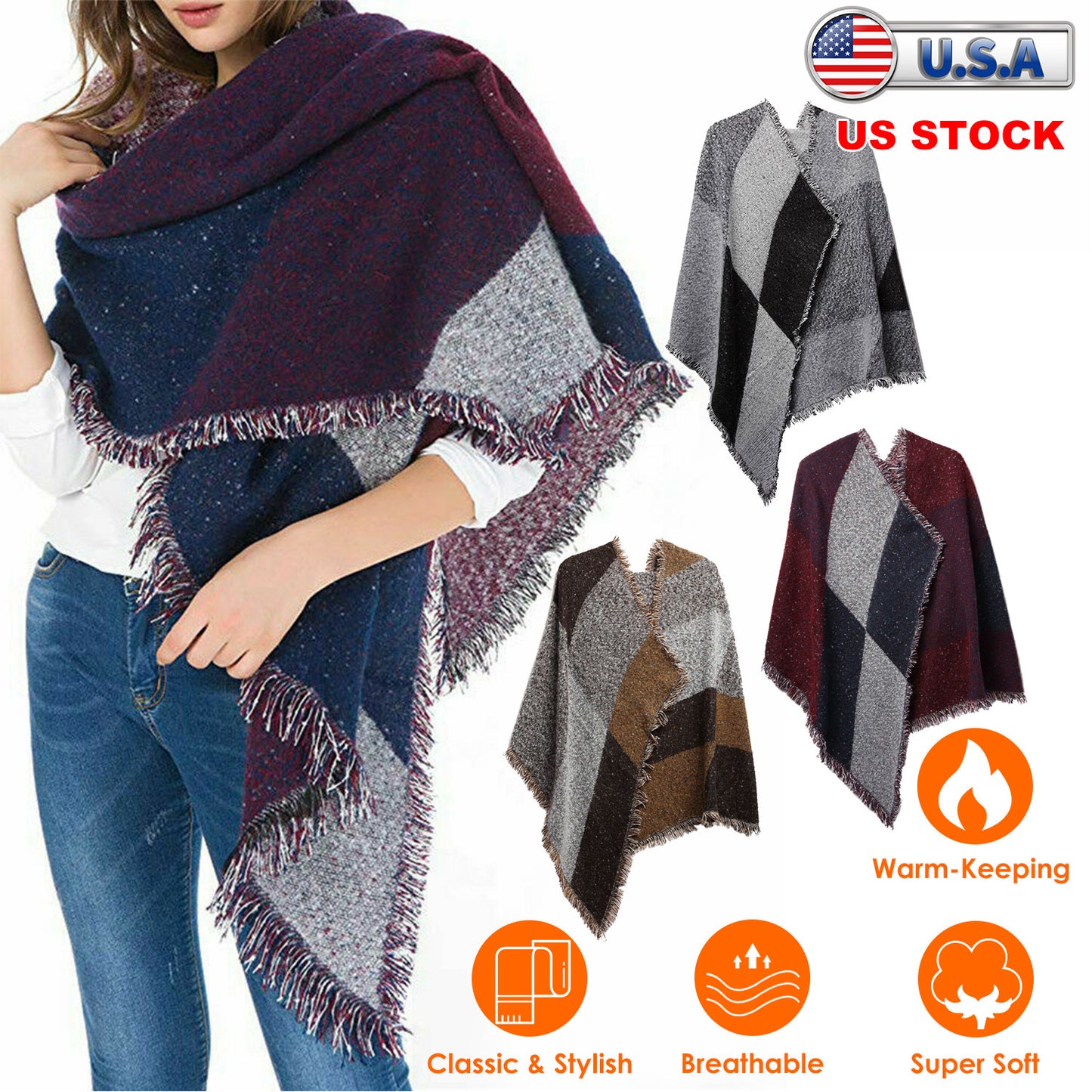 Women Winter Warm Scarf 74.8x25.6In Long Soft Knitted Shawl Extra Thick Plaid
