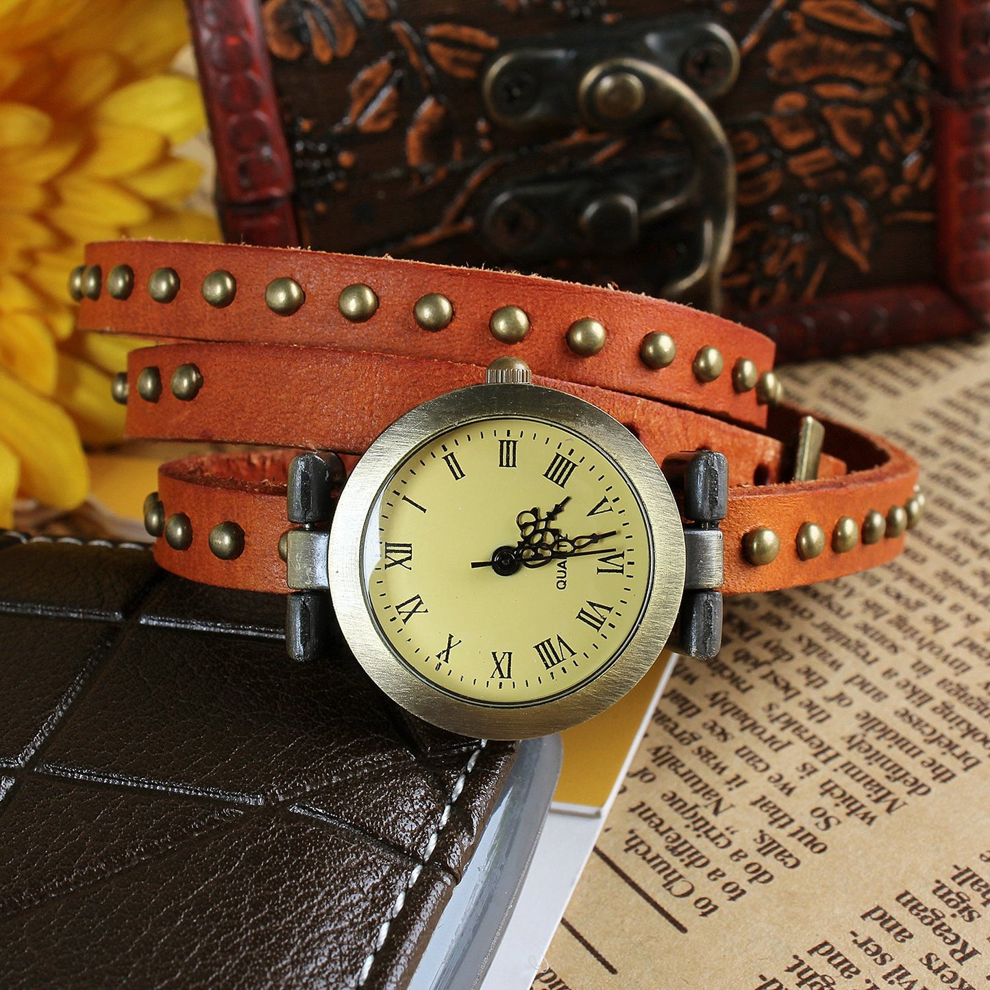 Fashionable Rivet Leather Belt Retro Watch Hand Chain-orangered Apparel &