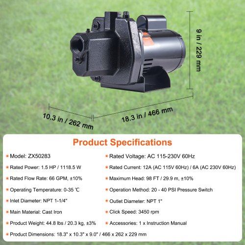 1.5 HP Cast Iron Sprinkler/Irrigation Pump 115/230 Volt 66 GPM 3450 RPM
