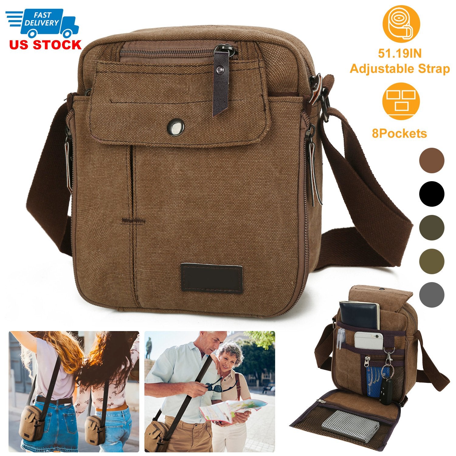 Unisex Crossbody Bags Canvas Phone Tablet PC Shoulder Bag Credit Card Key