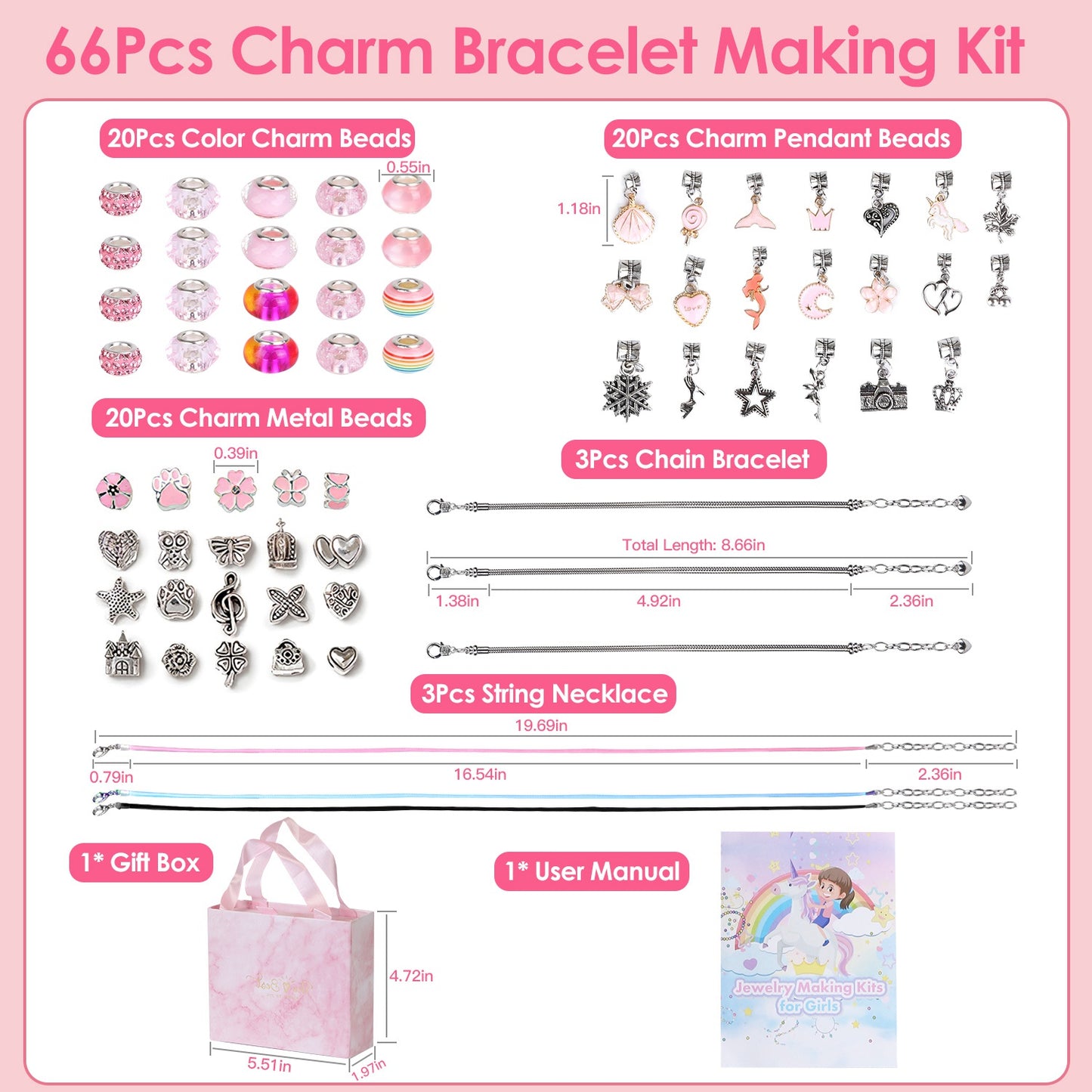 66Pcs Charm Bracelet Making Kit Kids Jewelry Necklace Making Kits Colorful
