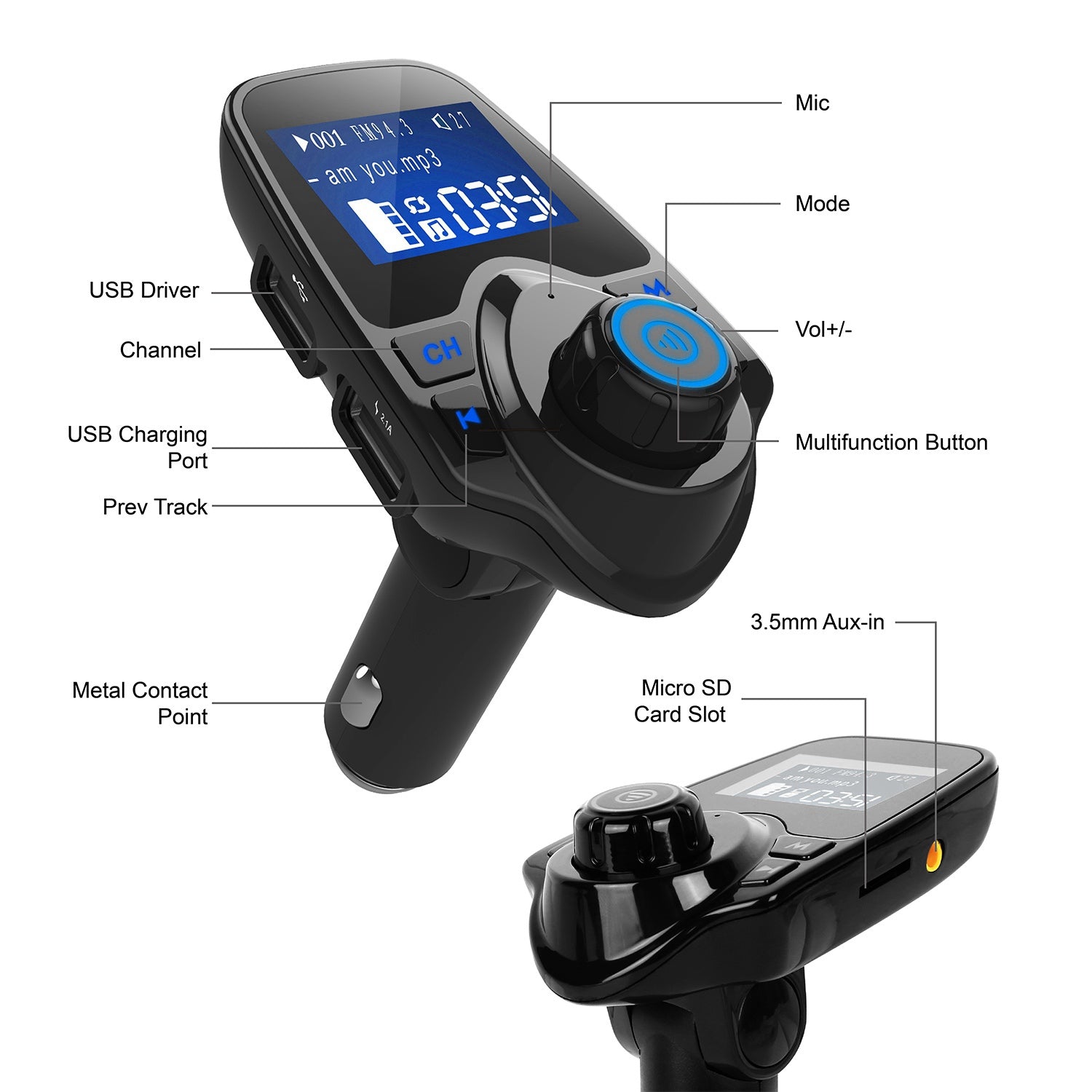 iMounTek Car Wireless FM Transmitter MP3 Player Hand-Free Call USB Charger AUX