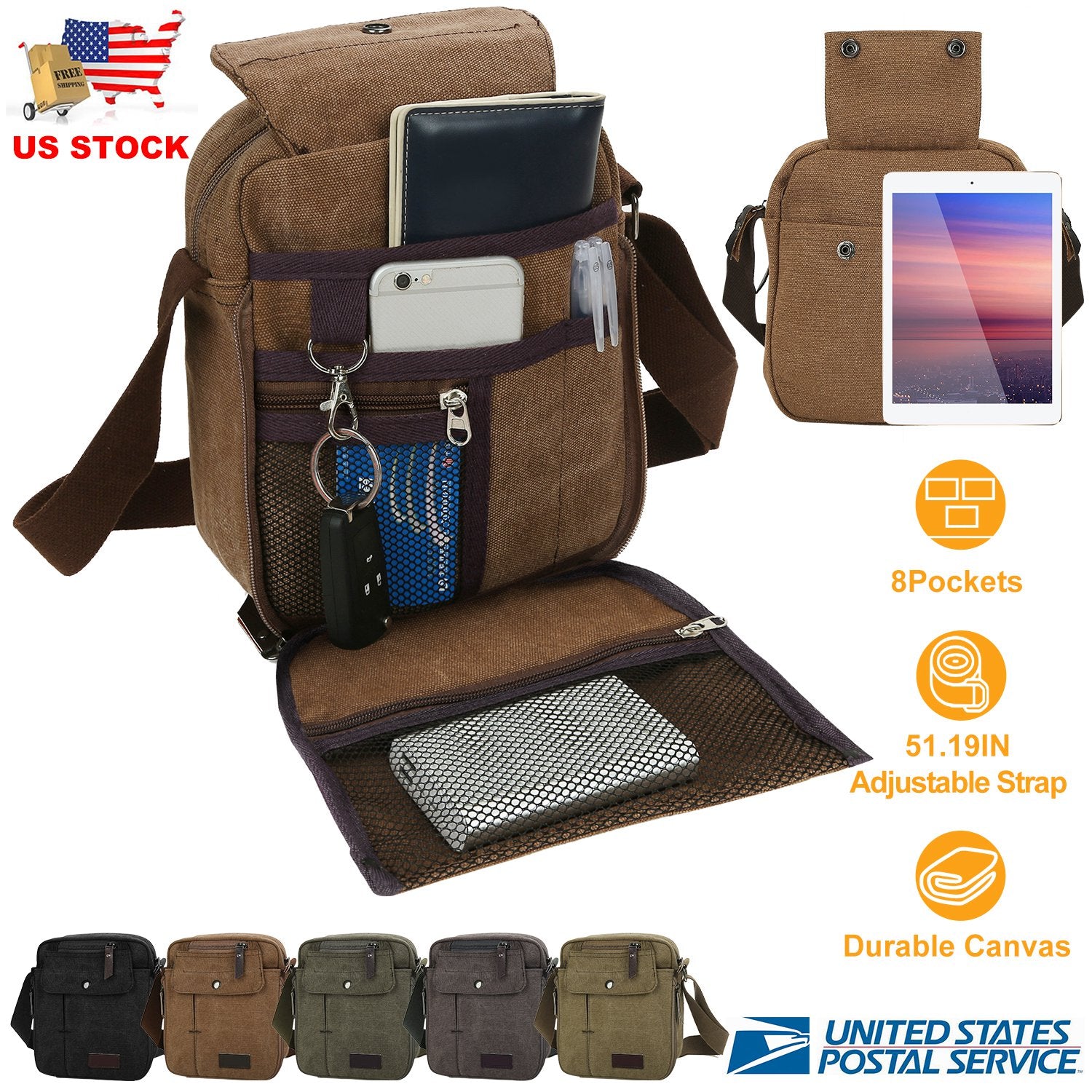 Unisex Crossbody Bags Canvas Phone Tablet PC Shoulder Bag Credit Card Key