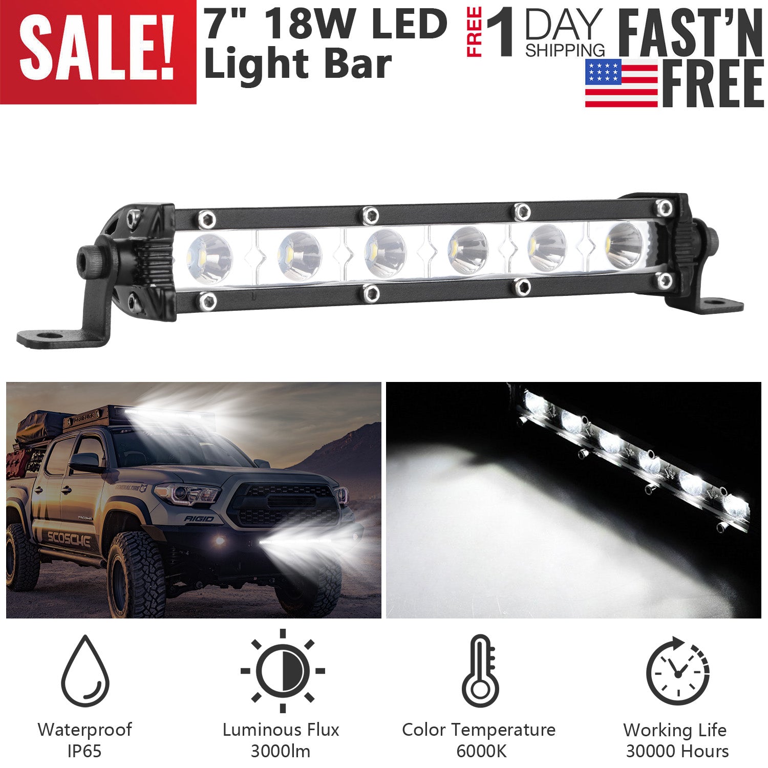 7" LED Light Bar Single Row Offroad Spot Lights 18W Ultra Slim Straight Work