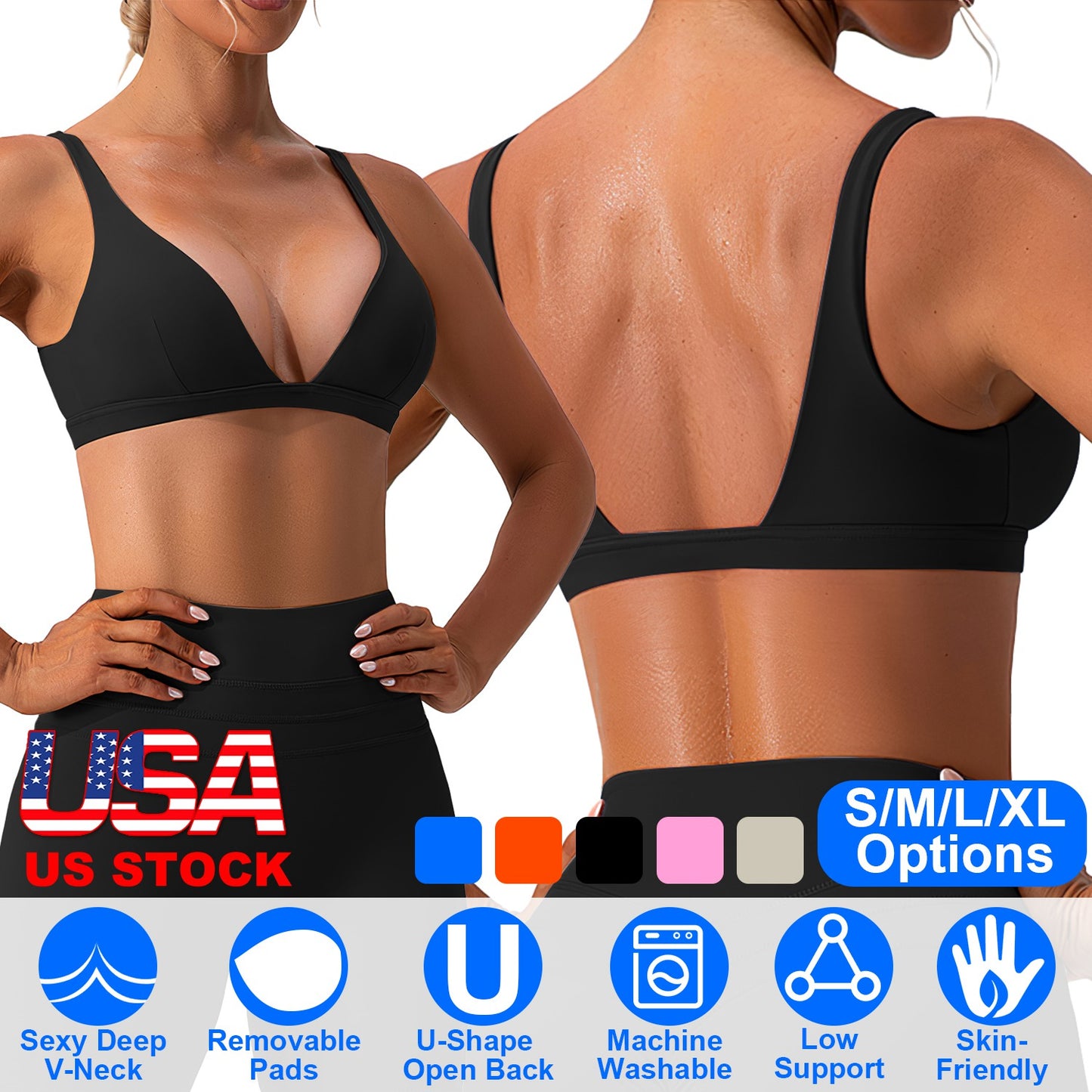 Women Deep V-Neck Sports Bras U-Shaped Back Sport Bras Padded Strappy Crop Open