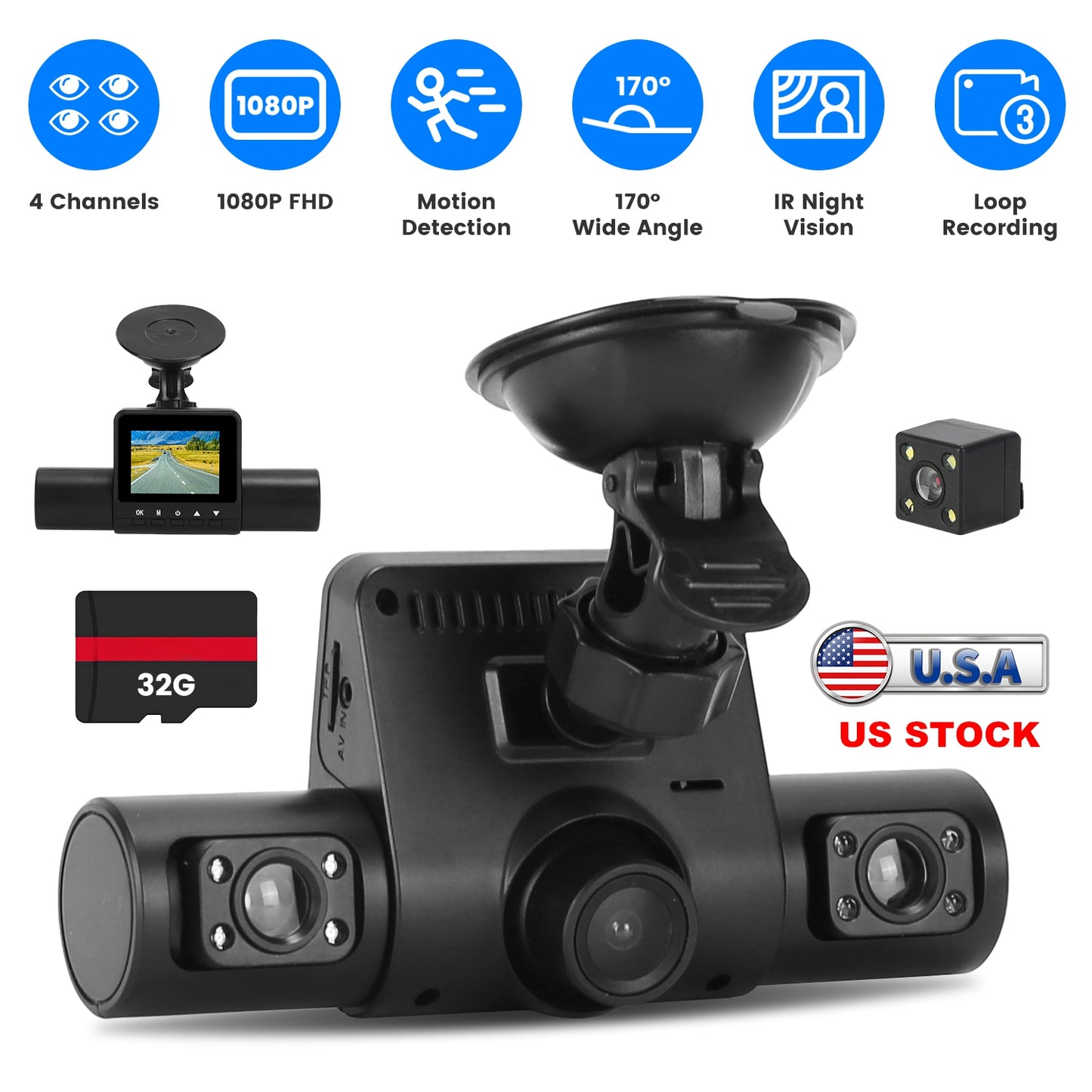 360° View FHD 4 Channel Dash Cam 1080P Front 480P Rear Left Right Inside Dash