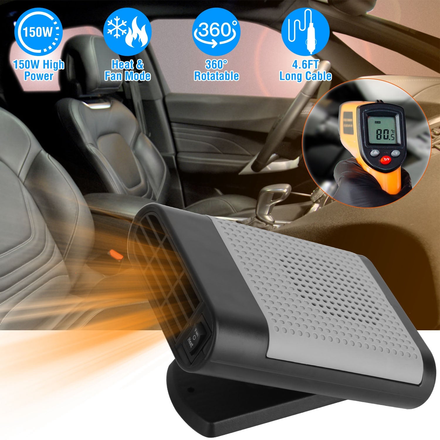12V 150W Portable Car Heater Heating Fan 2 in 1 Defroster Defogger Demister