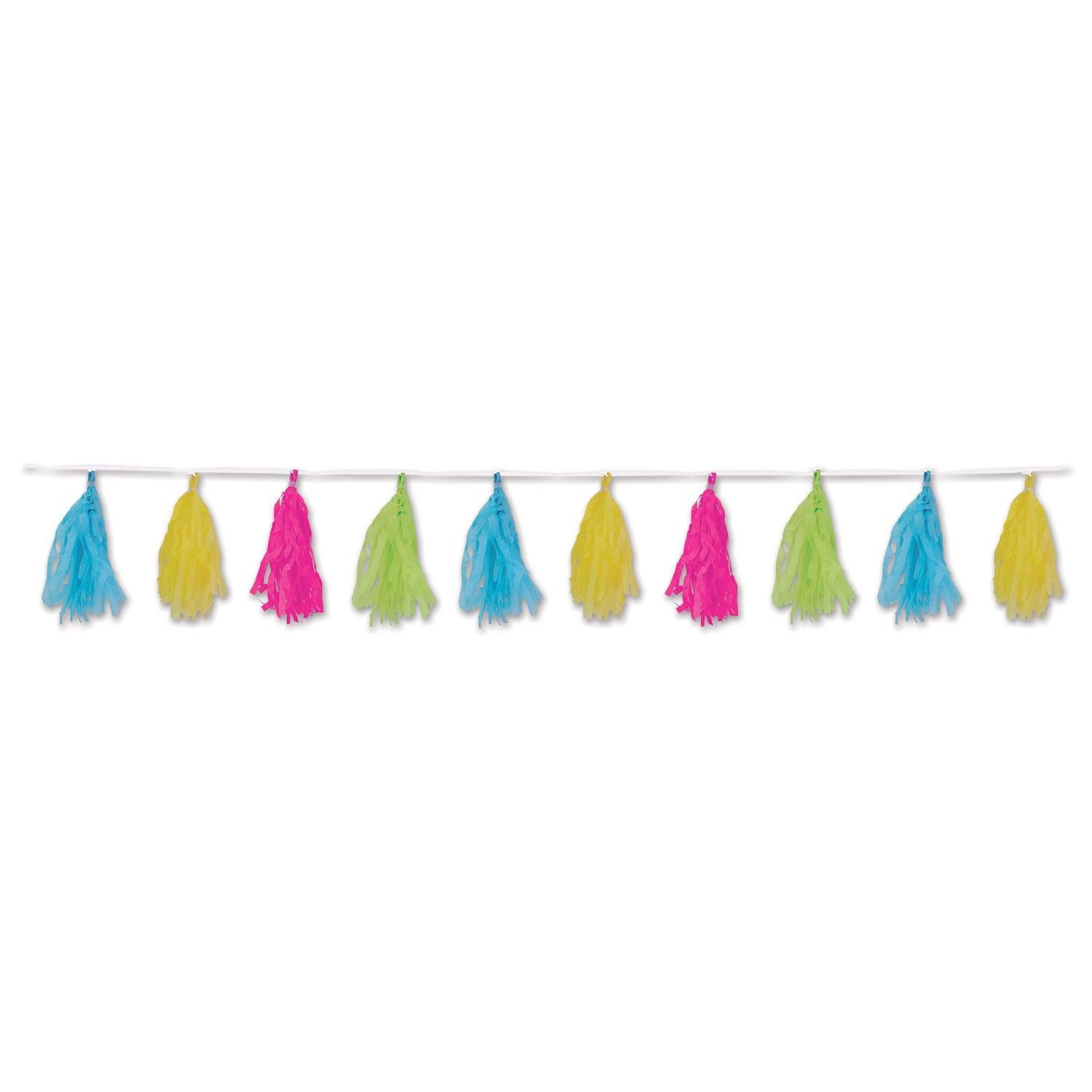 Beistle Tissue Tassel Garland - Cerise, Light Green, Turquoise, Yellow - Luau