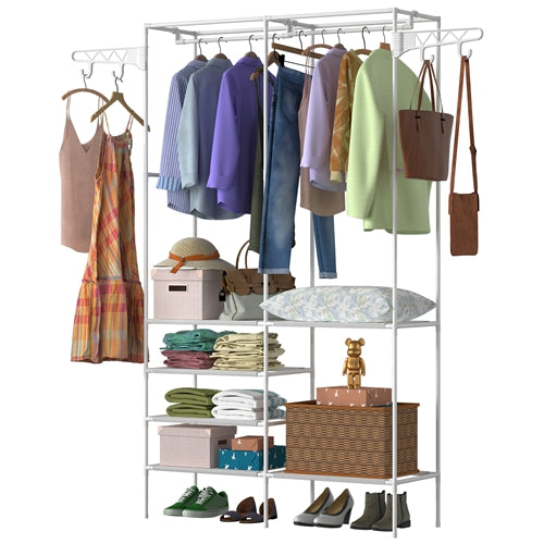 Metal Garment Rack Shoe Clothing Organizer Shelves Freestanding Multifunctional