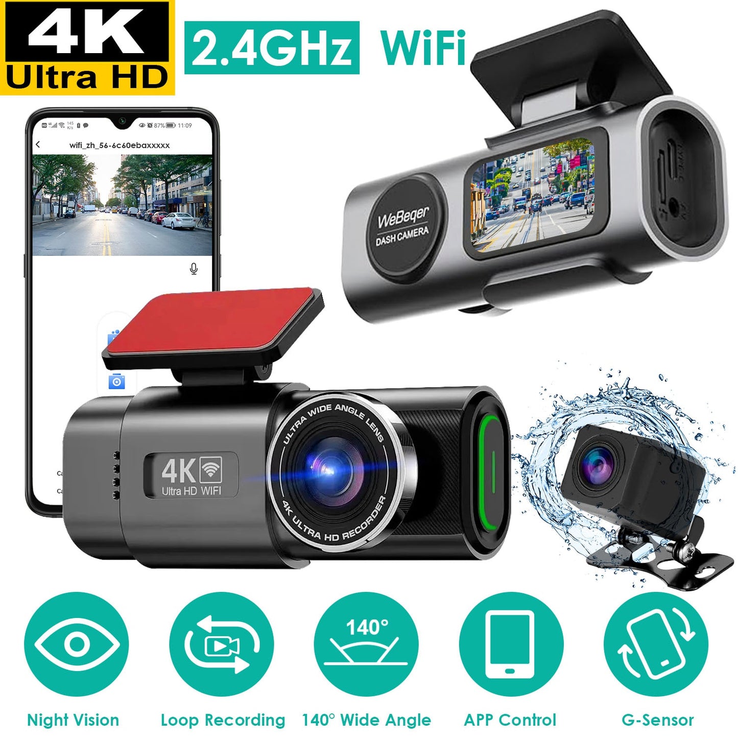 4K/1080P Dual Chanel Car Dash Cam 2.4GHz WiFi Car Camera Mini Driving Recorder